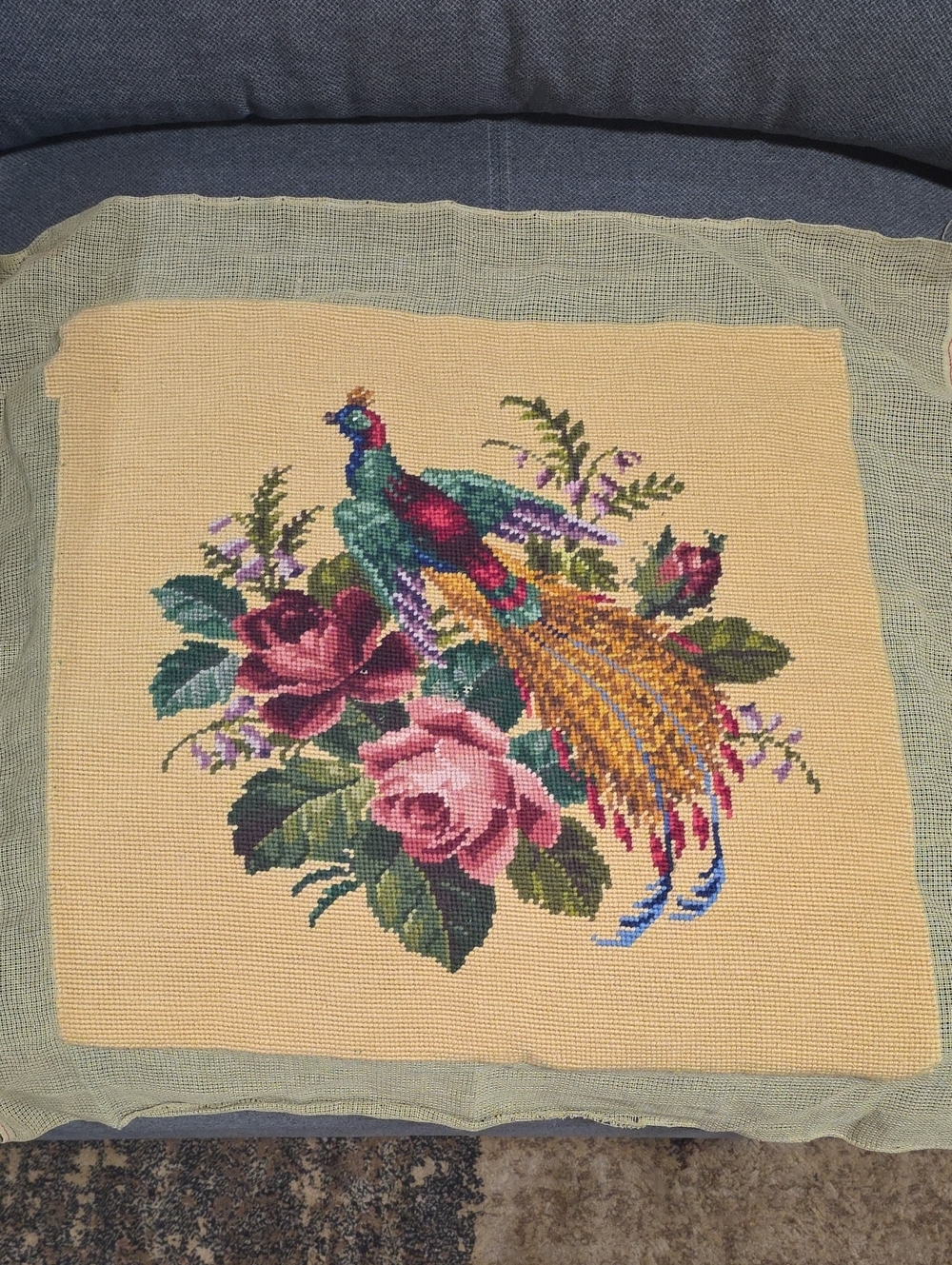 Embroidered Peacock & Rose Needlepoint Pillow Cover - Multi-Color Cottage Fill.
